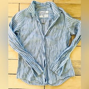 Frank & Eileen Sz Medium Barry linen blue striped Button Up Shirt Top